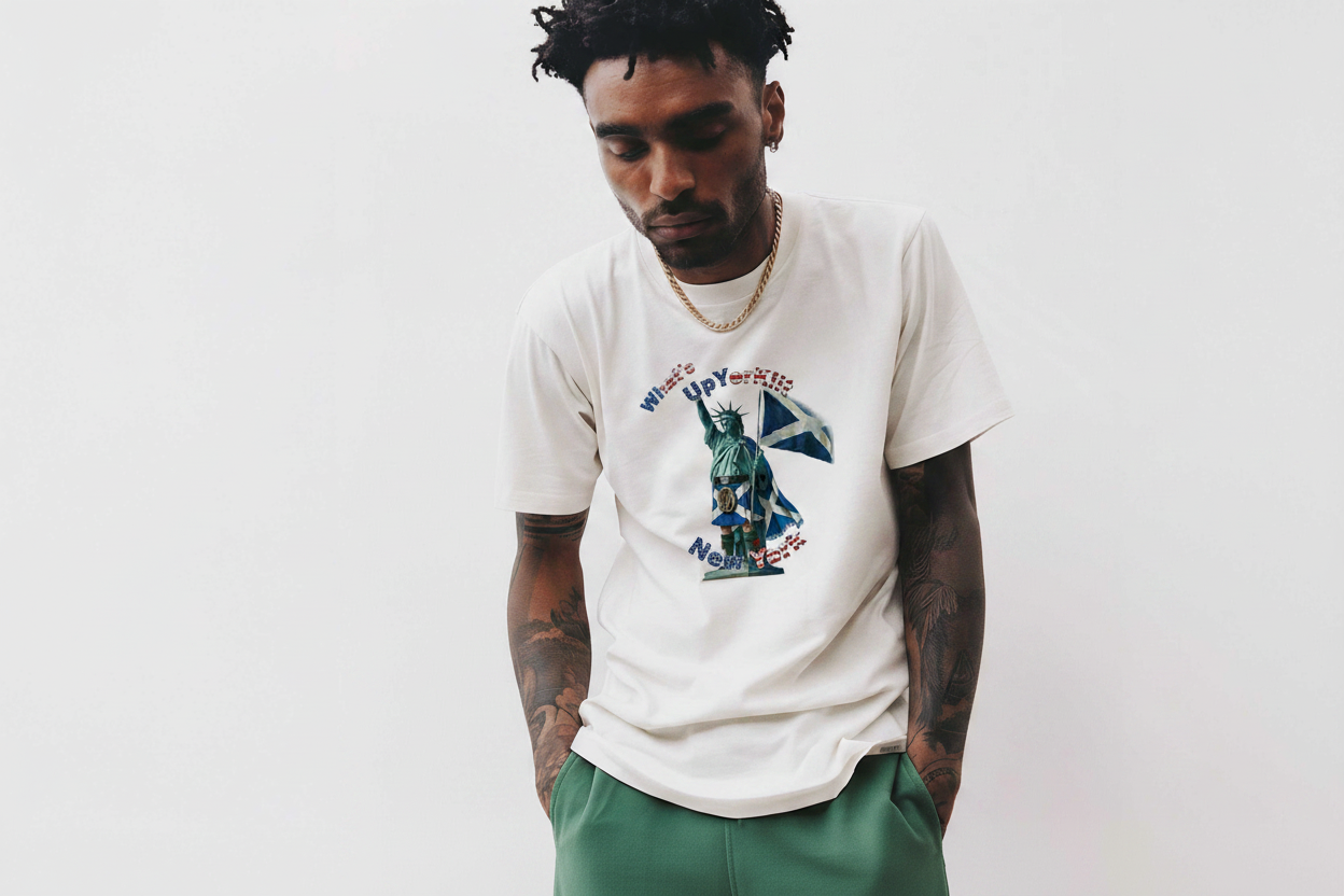 Male model wearing What's UpYerKilt New York T-Shirt